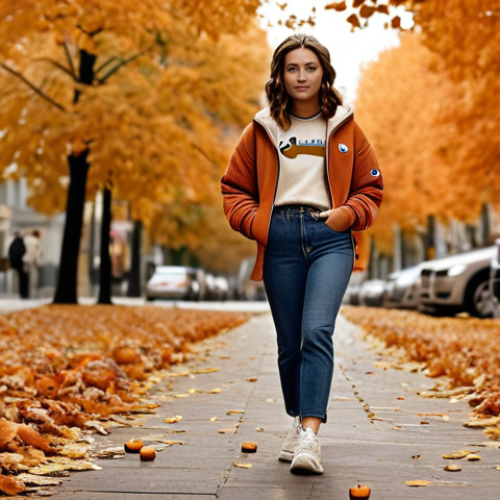 Home 6 **
A fashionable woman confidently walking down a leaf-strewn autumn street. She is wearing a layered Champion outfit: a Champion hoodie under a stylish jacket, comfortable jeans, and Champion sneakers. She carries a pumpkin spice latte. Focus on warm autumnal colors and a sense of cozy sophistication.
**