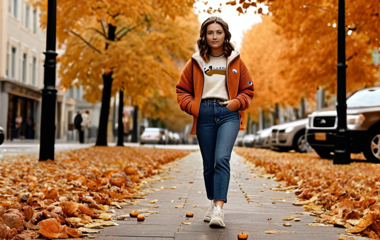 **
A fashionable woman confidently walking down a leaf-strewn autumn street. She is wearing a layered Champion outfit: a Champion hoodie under a stylish jacket, comfortable jeans, and Champion sneakers. She carries a pumpkin spice latte. Focus on warm autumnal colors and a sense of cozy sophistication.
**